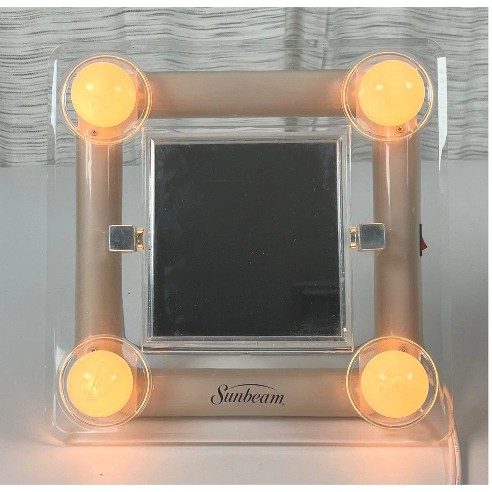 Vintage Sunbeam Lighted Makeup Mirror Clear Acrylic Hollywood Style Vanity Tan